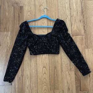 Hours xs long sleeve velvet sequin cropped top black puff sleeve